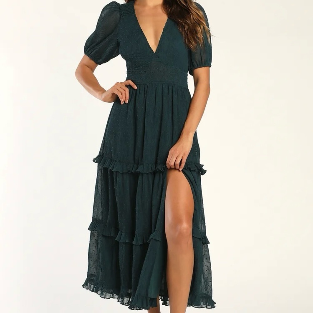Tiered Dark Teal Puff Sleeve Wedding Guest Midi Dress
